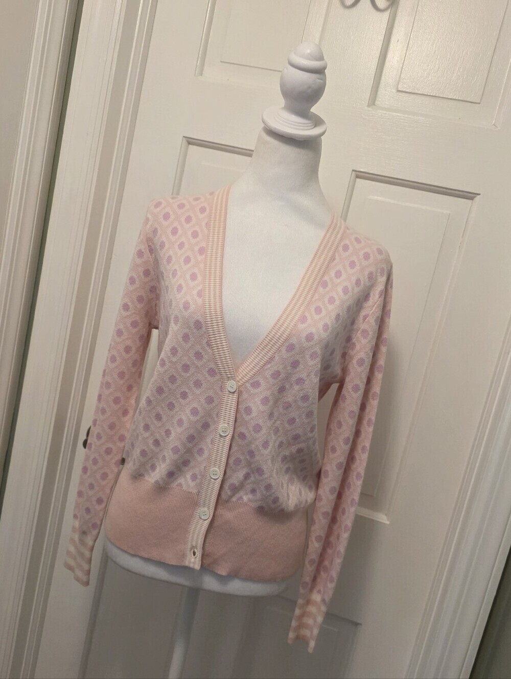 WSPR Light Pink Brodie Mini Argyle V-Neck Cardigan Size Medium, Preppy